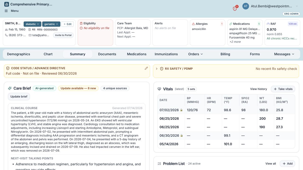 ReasonMD Care Brief showing a synthetic patient clinical course, next-visit talking points, and chart context.