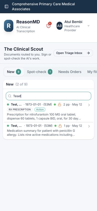 ReasonMD Clinical Scout document review queue filtered to an explicit test record.